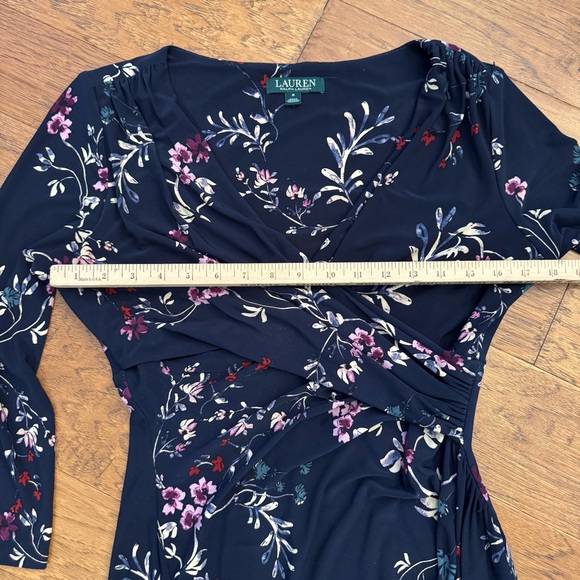 Lauren Ralph Blue Purple Faux Wrap 3/4 Sleeve Jersey Stretch Sheath Dress Sz 8 - Picture 9 of 11